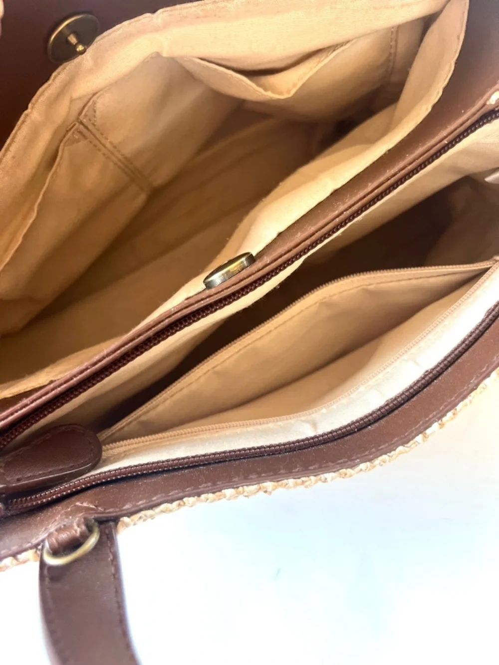 Relativity Woven Straw Tote Bag with Brown Leather Handles Beachy Coastal - Picture 10 of 11